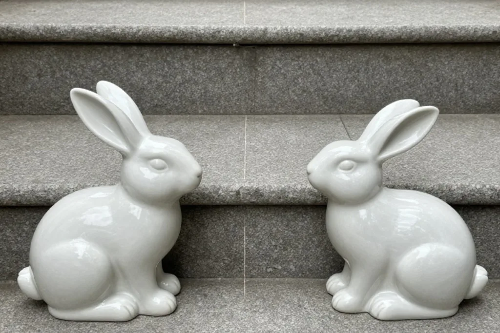 Osterdeko auf Treppenstufen: So sieht es schön aus und bleibt sicher Zwei weiße Osterhasen Dekofiguren auf Treppenstufen im Treppenaufgang als schlichte Osterdeko platziert