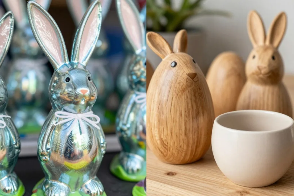 Osterdeko auf Treppenstufen: So sieht es schön aus und bleibt sicher Osterhasen Deko aus Metall und Holz auf Tisch dekoriert als moderne Osterdeko für den Innenbereich