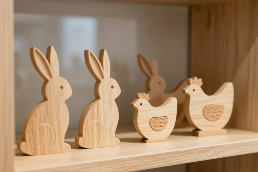 Osterdeko für die Vitrine mit Holzhasen und Hühnern in natürlicher Gestaltung