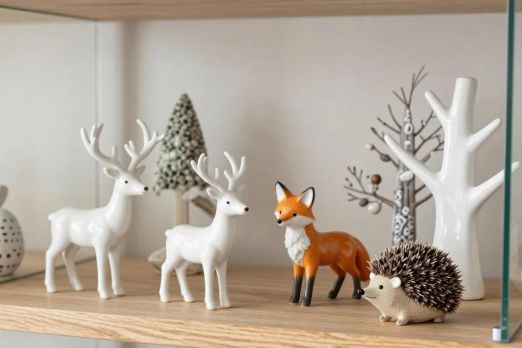 Osterdeko für die Vitrine mit Tieren und Naturfiguren im Regal