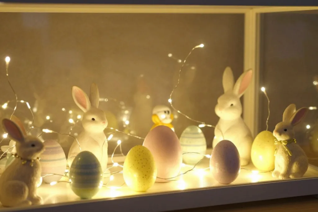 Osterdeko für die Vitrine mit Lichterkette, Hasenfiguren und Ostereiern