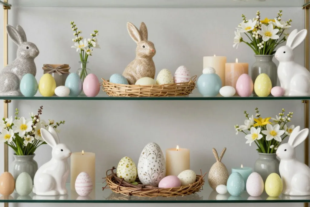 Osterdeko für die Vitrine mit Blumen, Kerzen und pastellfarbenen Eiern