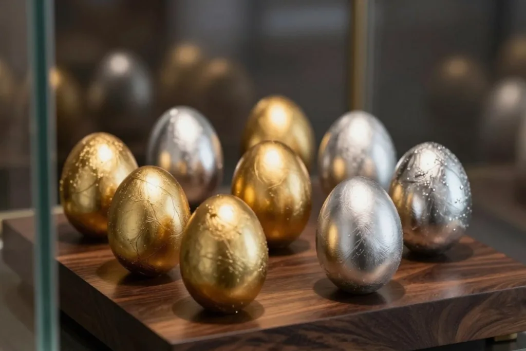 Schnell dekoriert: Osterdeko für Vitrine und leere Glasfächer Osterdeko für Vitrine mit goldenen und silbernen Ostereiern auf Holzpodest im Glasfach dekoriert