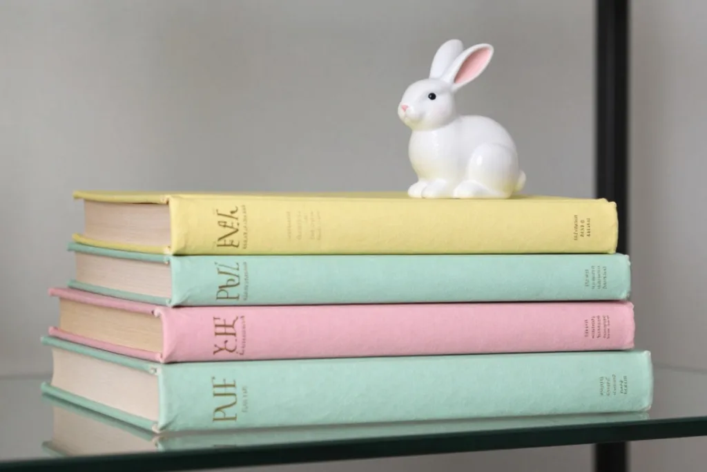 Osterdeko für die Vitrine mit Keramikhase auf pastellfarbenen Büchern