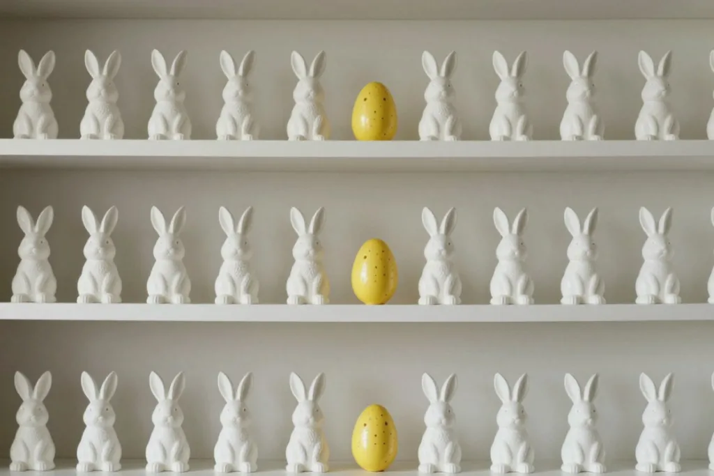 Osterdeko fürs Regal: Was du weglassen musst, damit es schön wird Osterdeko fürs Regal mit vielen weißen Hasen und gelben Eiern in Reihe
