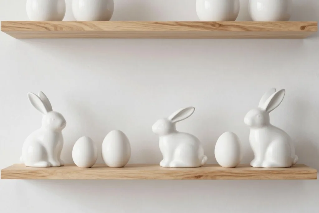 Osterdeko fürs Regal: Was du weglassen musst, damit es schön wird Osterdeko fürs Regal mit weißen Keramikhasen und schlichten Ostereiern auf Holzregal