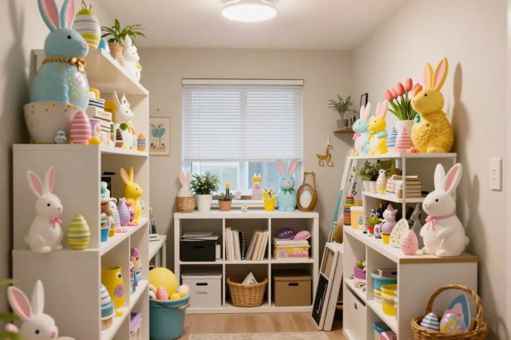 Osterdeko fürs Regal: Was du weglassen musst, damit es schön wird Osterdeko fürs Regal in mehreren Regalen mit bunten Hasen, Eiern und Frühlingsdeko im Raum