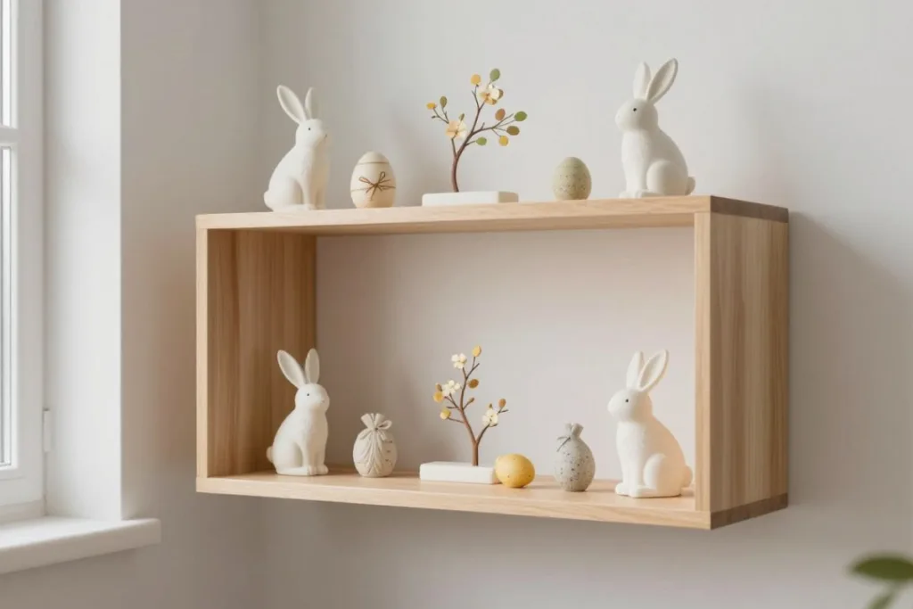 Osterdeko fürs Regal: Was du weglassen musst, damit es schön wird Osterdeko fürs Regal mit weißen Hasen, dezenten Eiern und Holzregal in minimalistischer Gestaltung