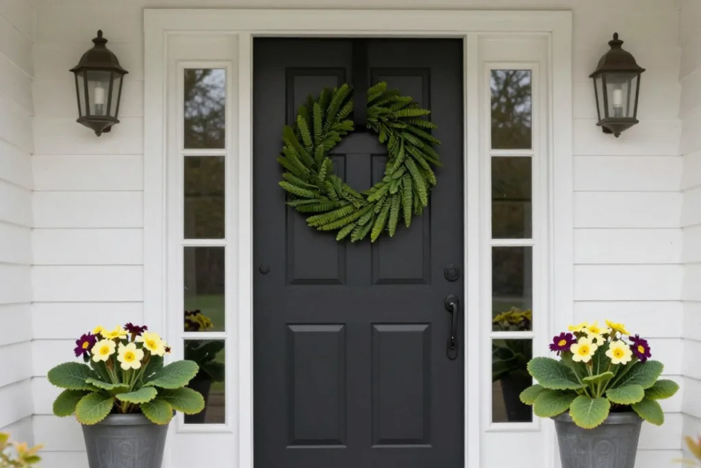 Frühlingsdeko für die Haustür mit grünem Kranz und Primeln an schwarzer Tür
