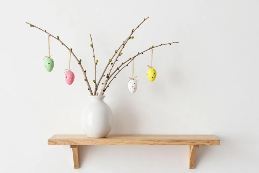 Osterdeko für kleine Wandregale clever lösen Osterdeko für das Wandregal mit Vase, Zweigen und hängenden Ostereiern in Pastell