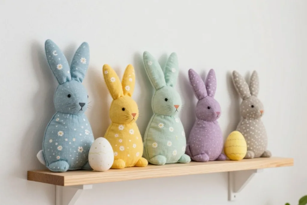 Osterdeko für kleine Wandregale clever lösen Osterdeko für das Wandregal mit Stoffhasen und dekorativen Ostereiern in Pastell