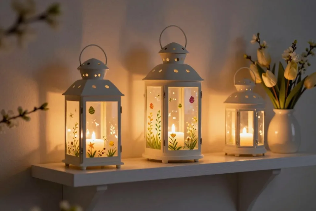 Osterdeko für kleine Wandregale clever lösen Osterdeko für das Wandregal mit Laternen und warmem Kerzenlicht für gemütliche Stimmung