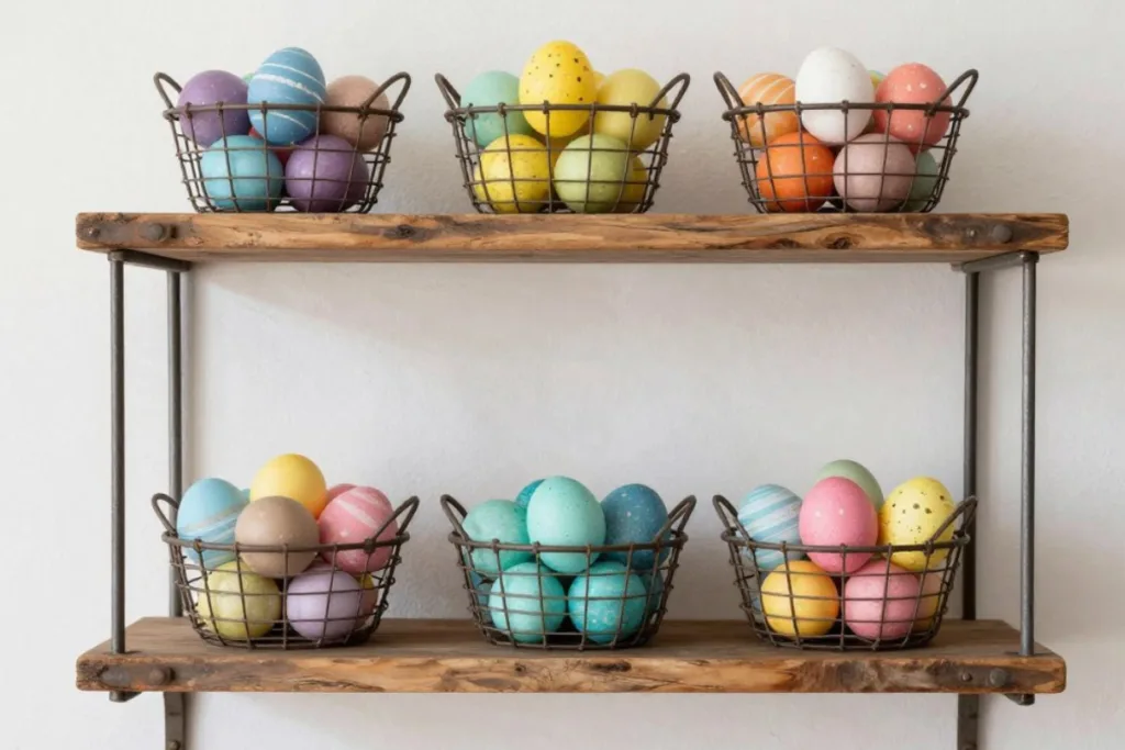 Osterdeko für kleine Wandregale clever lösen Osterdeko für das Wandregal mit Körben voller farbiger Ostereier in Pastelltönen