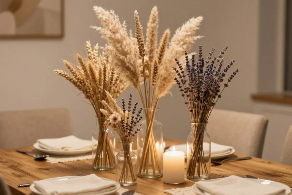 Esstisch im Februar Deko mit getrockneten Gräsern, Glasvasen und Kerzenlicht