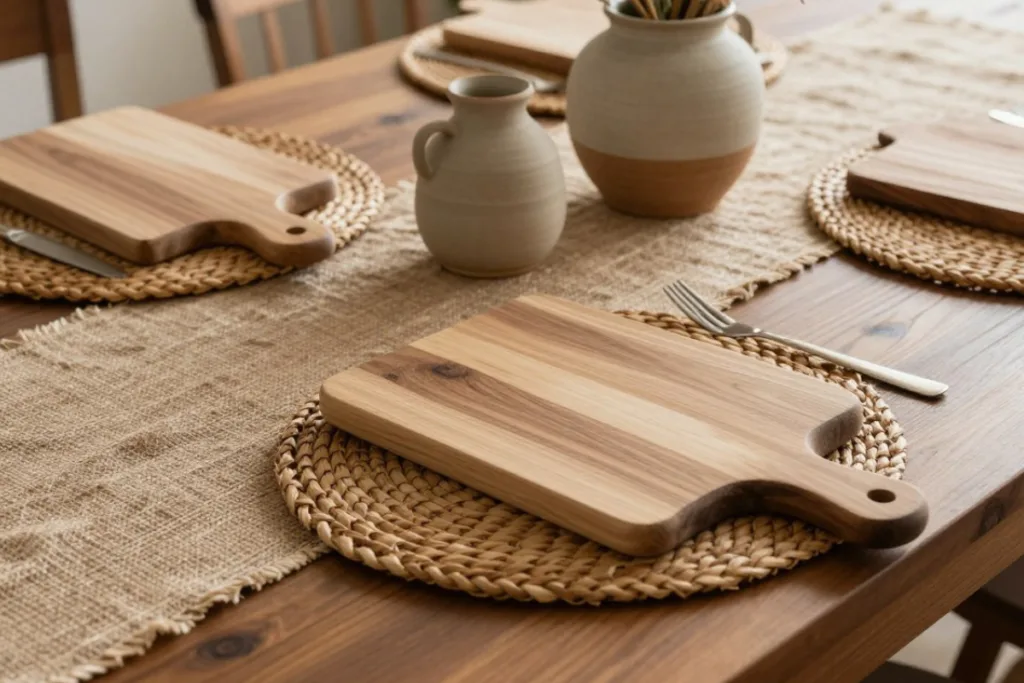 Esstisch im Februar Deko mit Holzbrettern, Leinenläufer und geflochtenen Platzsets