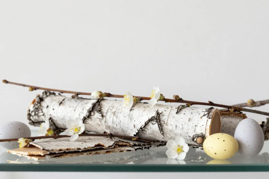 Schnell dekoriert: Osterdeko für Vitrine und leere Glasfächer Osterdeko für Vitrine mit Birkenstamm, Frühlingszweigen und pastellfarbenen Ostereiern im Glasfach dekoriert