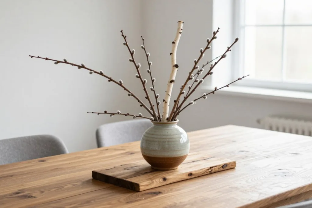 Esstisch im Februar Deko mit schlichter Vase, Zweigen und Holztisch