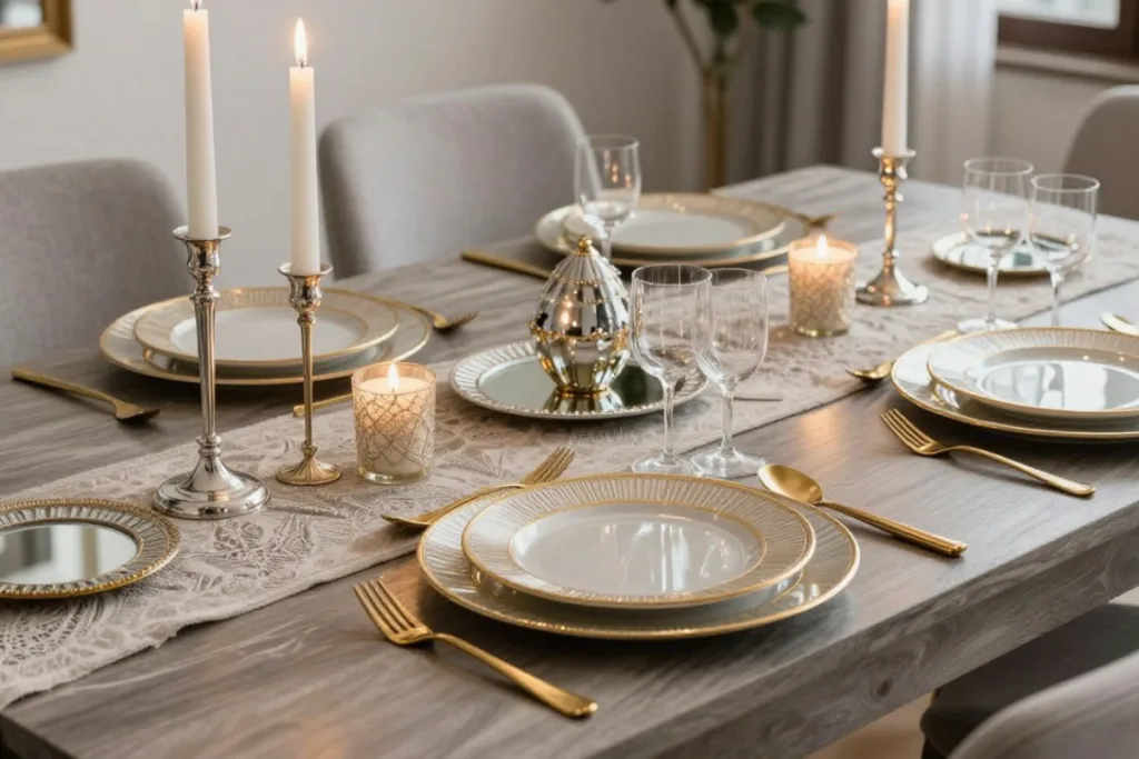 Esstisch im Februar Deko mit goldenen Besteck, Kerzenständern und hellem Geschirr