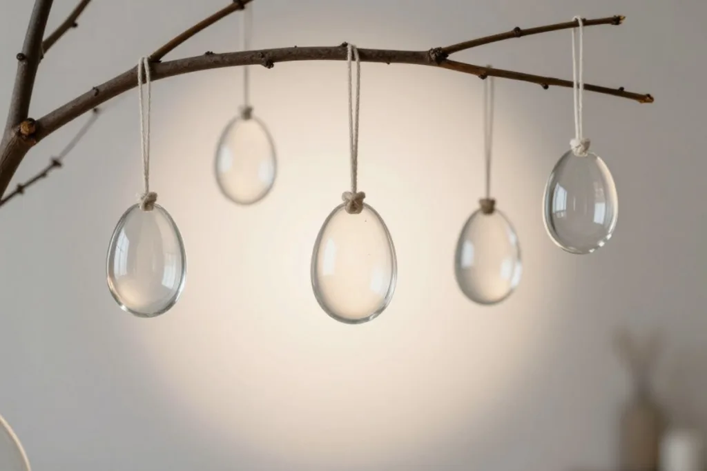 Moderne Osterdeko für dein Zuhause mit transparenten Ostereiern am Zweig für luftige Raumwirkung