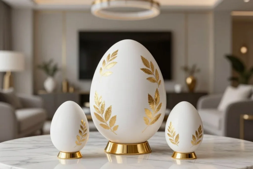 Moderne Osterdeko für dein Zuhause mit weißen Ostereiern und goldenen Details im Wohnzimmer
