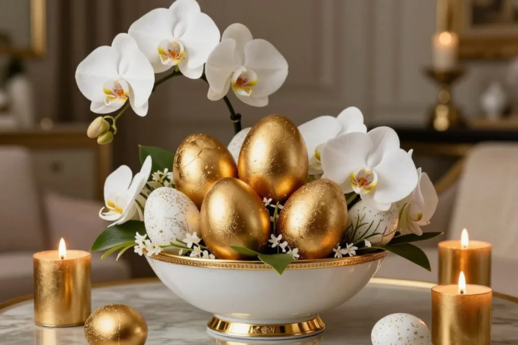 5 wunderschöne Ostergesteck-Ideen für dein Zuhause Elegantes Ostergesteck mit goldenen Eiern, weißen Blüten und Kerzen in edler Schale