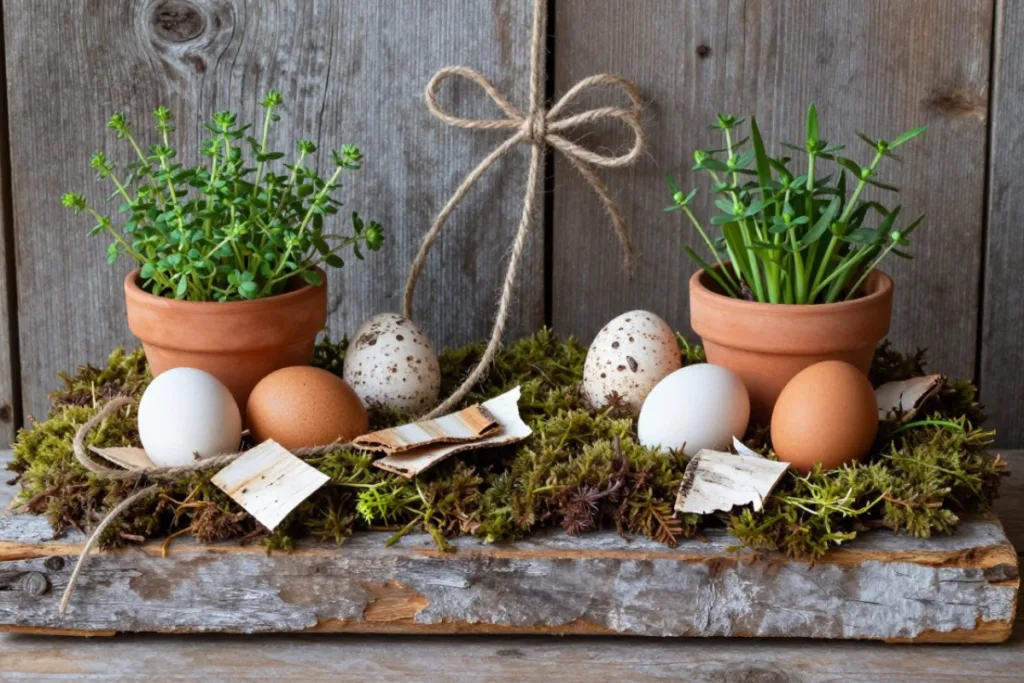 5 wunderschöne Ostergesteck-Ideen für dein Zuhause Natürliches Ostergesteck mit Moos, Holzelementen, Eiern und kleinen Pflanztöpfen
