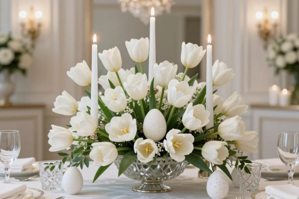 5 wunderschöne Ostergesteck-Ideen für dein Zuhause Festliches Ostergesteck mit weißen Tulpen, Kerzen und Eiern für den Esstisch