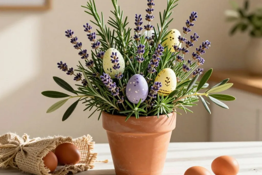 5 wunderschöne Ostergesteck-Ideen für dein Zuhause Kräuter-Ostergesteck mit Lavendel, Rosmarin und bunten Eiern im Tontopf