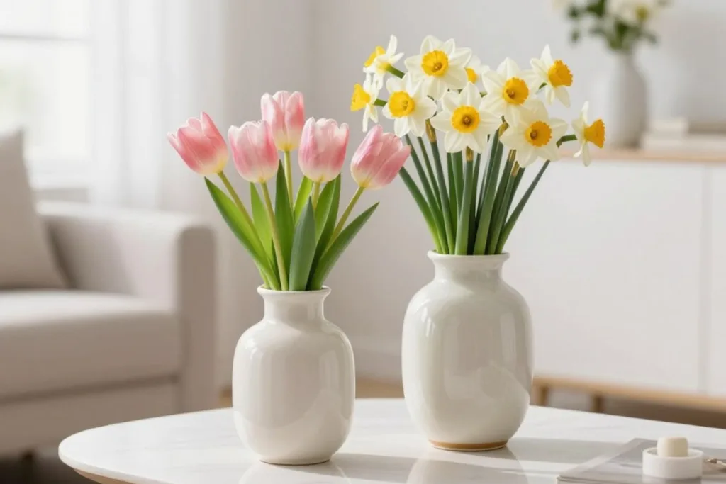 Couchtisch Deko im März: So wirkt dein Wohnzimmer frisch Helle Vase mit Tulpen und Narzissen als Deko für den Couchtisch im März