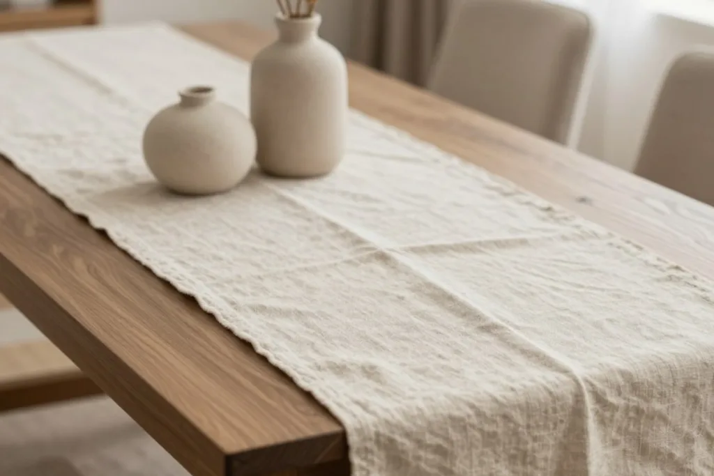 Couchtisch Deko im März: So wirkt dein Wohnzimmer frisch Naturfarbener Leinenläufer als Basis für Deko für den Couchtisch im März