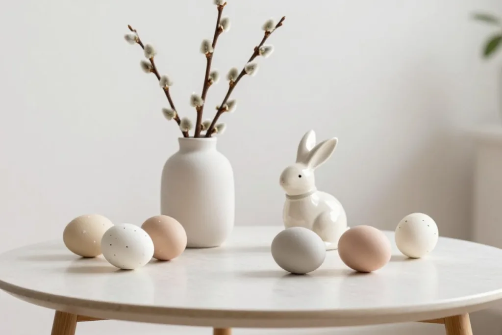 Couchtisch Deko im März: So wirkt dein Wohnzimmer frisch Schlichte Osterdeko mit Keramik und Eiern als Deko für den Couchtisch im März