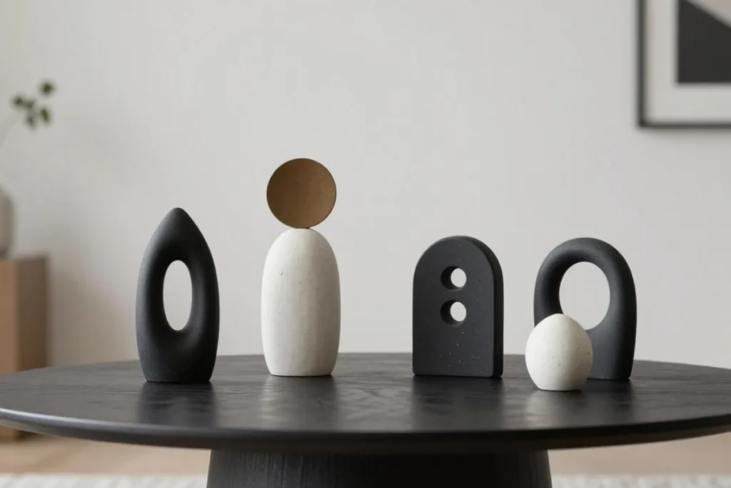 Couchtisch Deko im März: So wirkt dein Wohnzimmer frisch Schwarze und weiße Dekoobjekte als moderne Deko für den Couchtisch im März