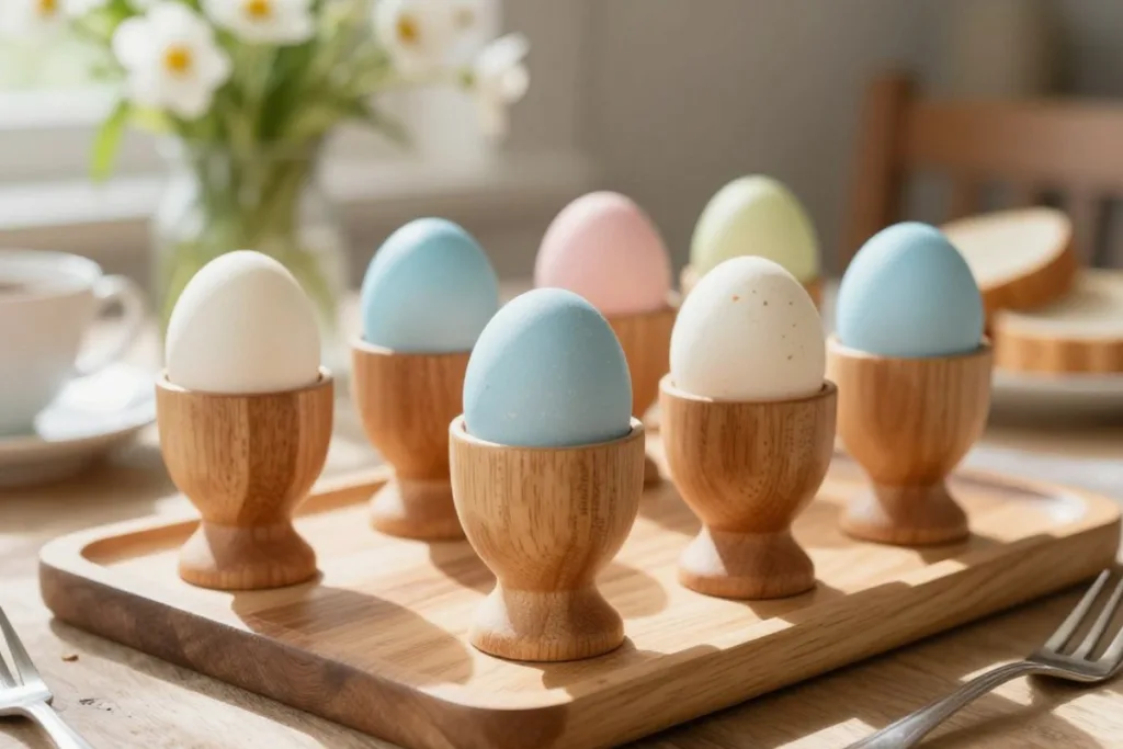 Osterdeko aus Holz auf dem Tisch mit Holzeierbechern und pastellfarbenen Eiern