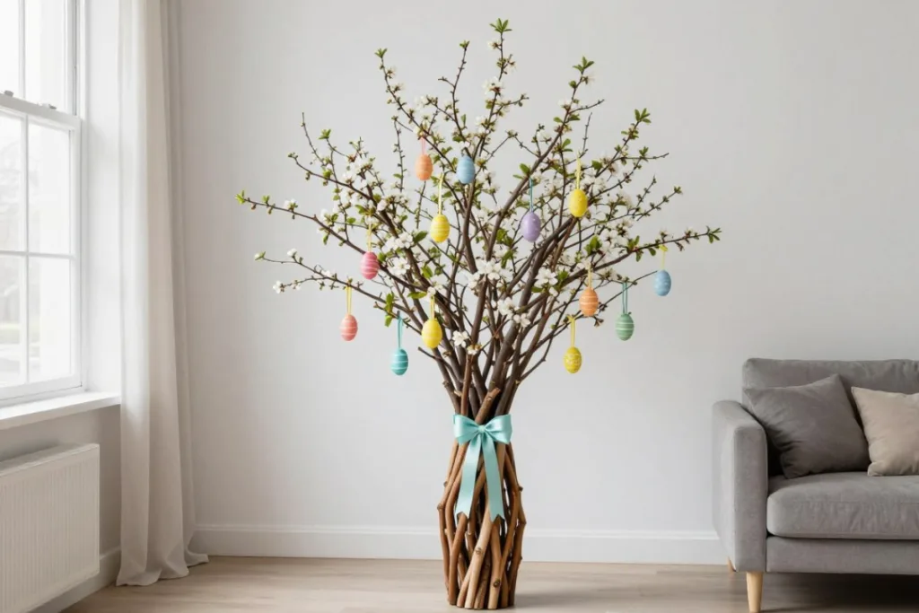Vertikale Osterdeko aus Holz mit Zweigen und bunten Eiern im Wohnzimmer
