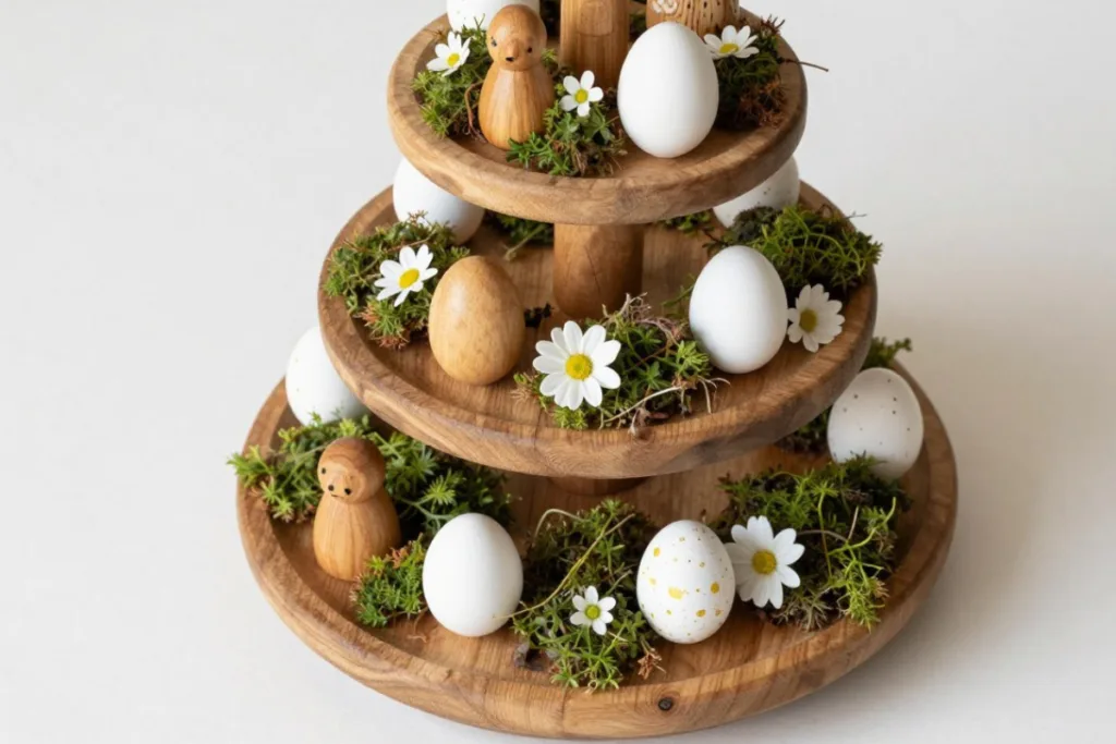 Mehrstufige Osterdeko aus Holz mit Holzeiern, Moos und weißen Blüten in natürlicher Gestaltung