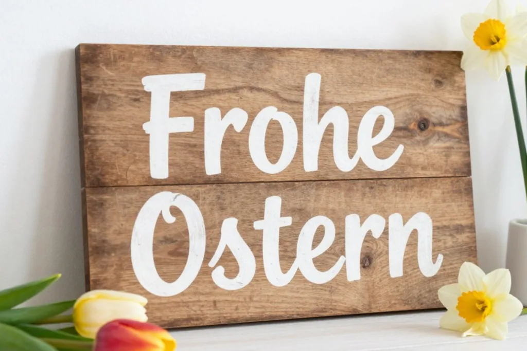Holzschild mit Schriftzug Frohe Ostern als schlichte Osterdeko aus Holz im Wohnraum