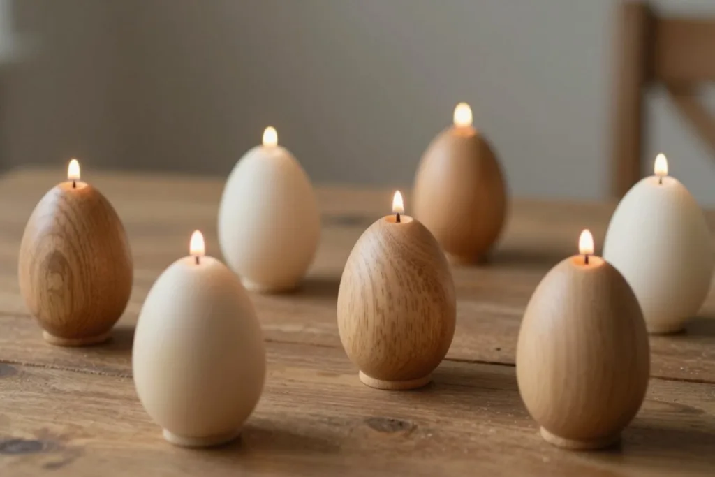 Osterdeko aus Holz mit eiförmigen Kerzen und natürlicher Holzoptik auf Tisch