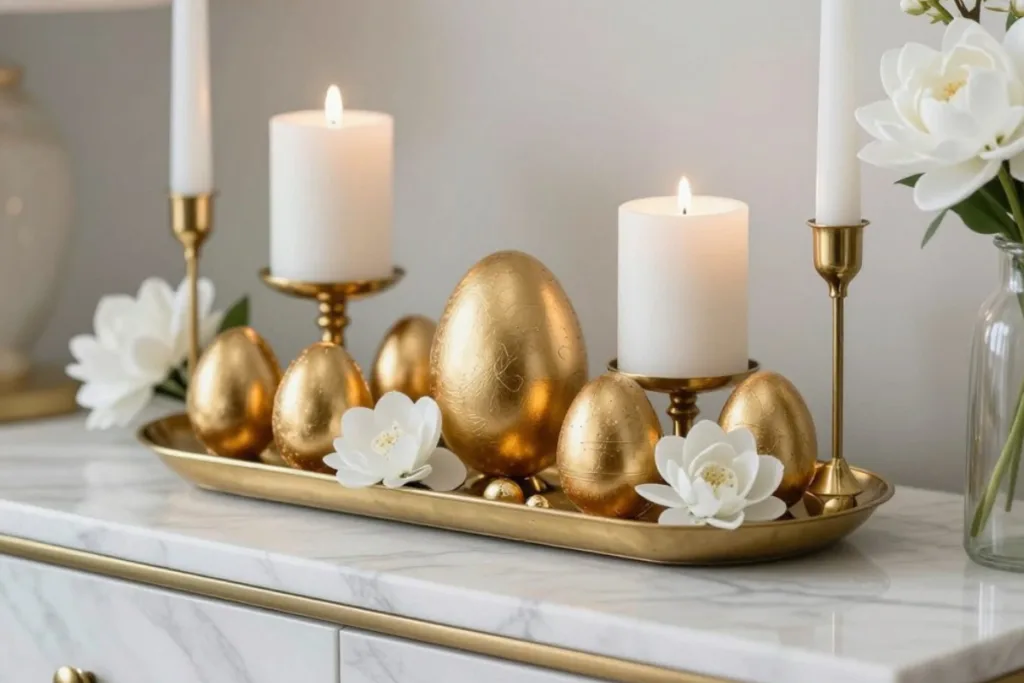 Goldene Eier und Kerzen als elegante Osterdeko für die Anrichte