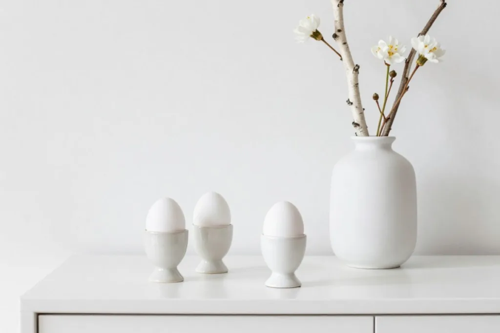 Weiße Eier und Vase als minimalistische Osterdeko für die Anrichte