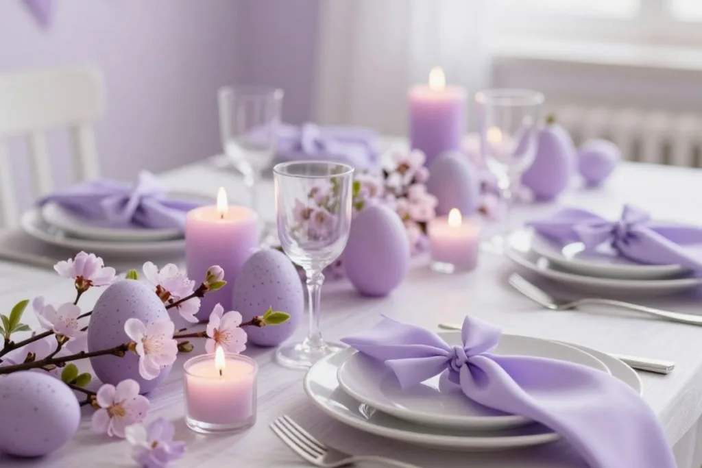 Flieder Osterdeko mit Kerzen und Eiern als Trendfarben zu Ostern