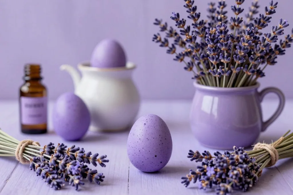 Monochrome Trendfarben zu Ostern in Lavendel mit Naturmaterialien