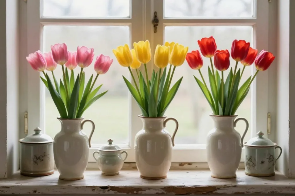 Bunte Tulpen in hellen Krügen als März Deko für die Fensterbank im Frühling
