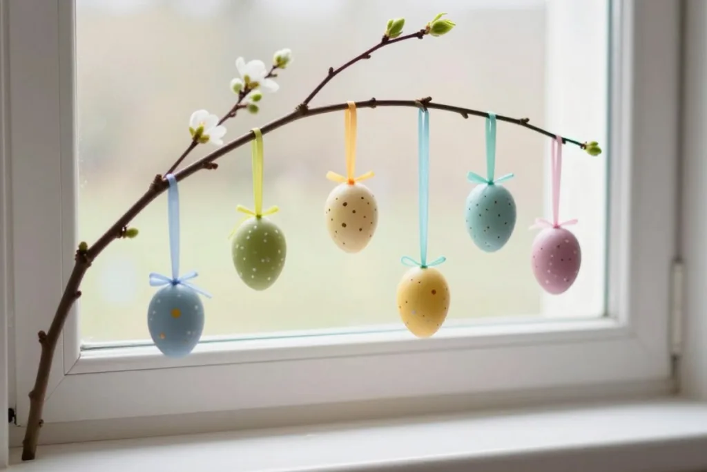 Blühender Zweig mit pastellfarbenen Anhängern als März Deko für die Fensterbank