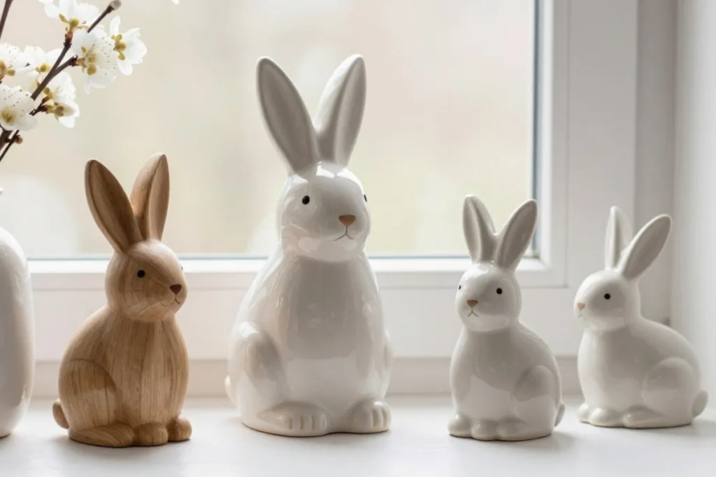 Holz und Keramik Hasen als reduzierte März Deko für die Fensterbank im Frühling