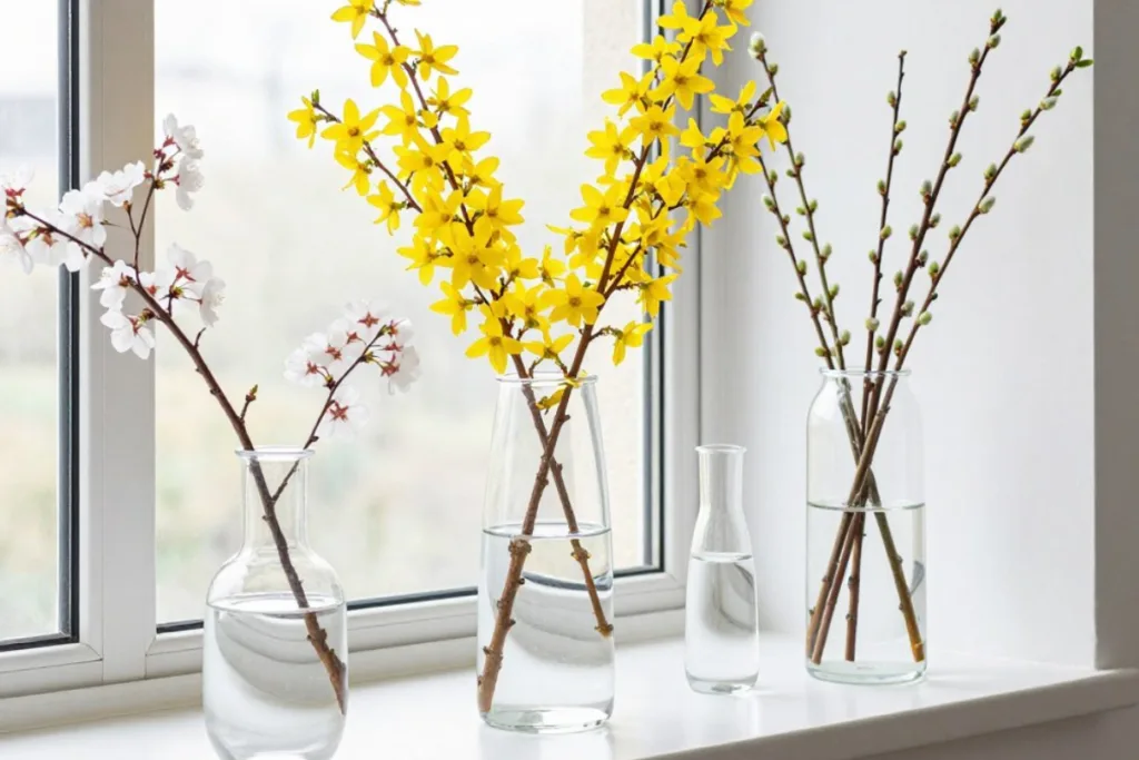 Gelbe und weiße Zweige in Glasvasen als natürliche März Deko für die Fensterbank