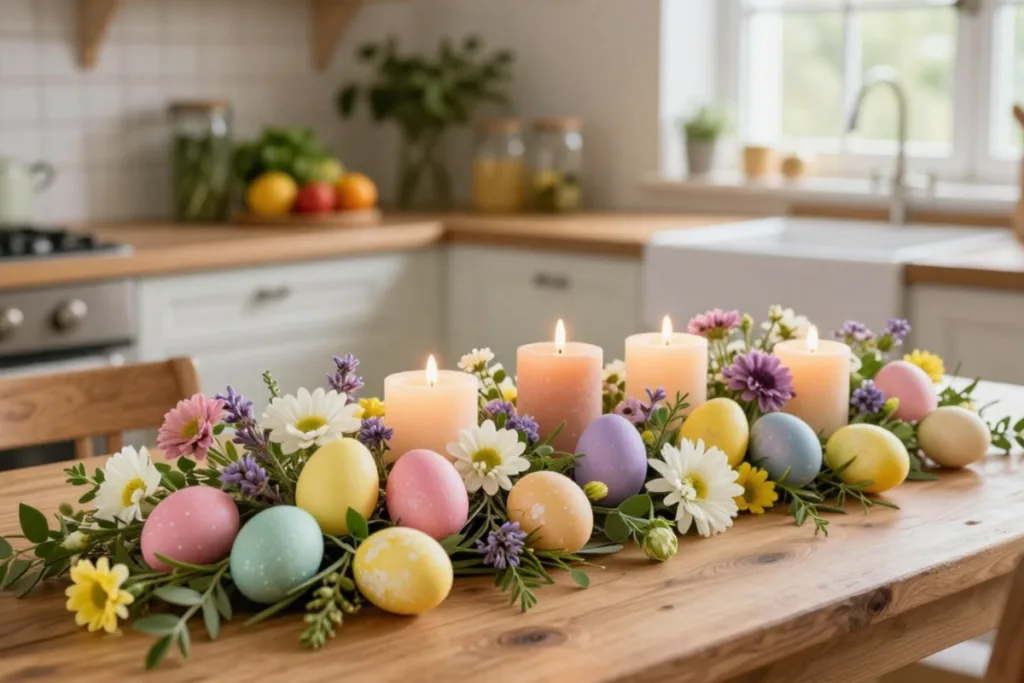5 Osterdeko-Ideen für den Küchentisch, die du sofort umsetzen kannst Osterdeko für den Küchentisch mit länglichem Kranz, Kerzen und Pastelleiern