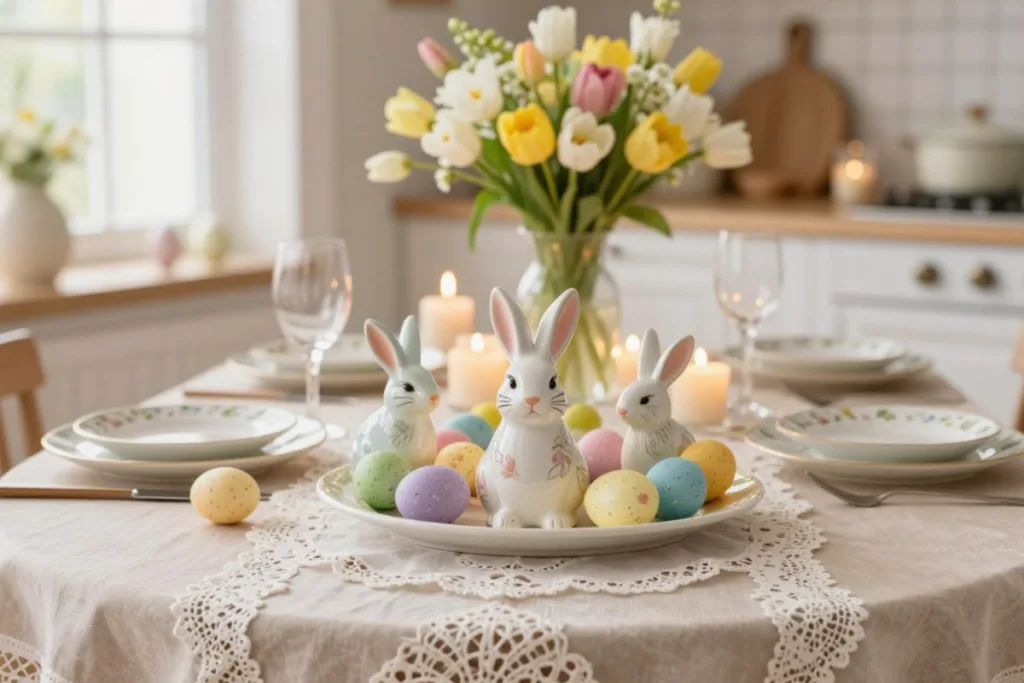 5 Osterdeko-Ideen für den Küchentisch, die du sofort umsetzen kannst Osterdeko für den Küchentisch Idee mit Hasenfigur, Blumen und bunten Eiern