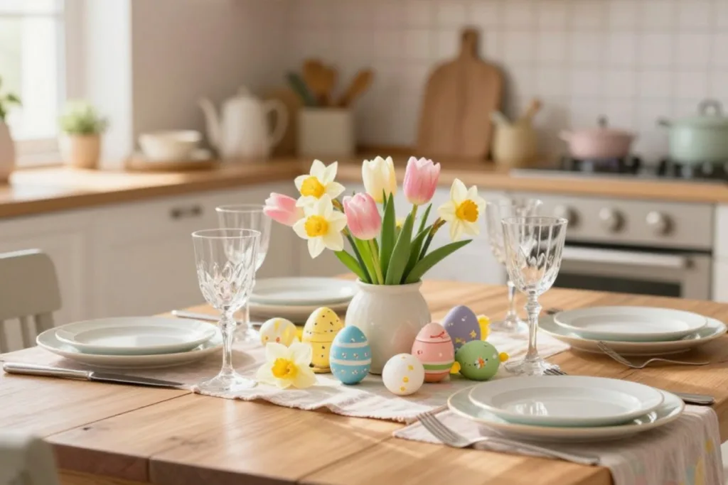 5 Osterdeko-Ideen für den Küchentisch, die du sofort umsetzen kannst Osterdeko für den Küchentisch mit Tulpen, Narzissen und dekorativen Ostereiern
