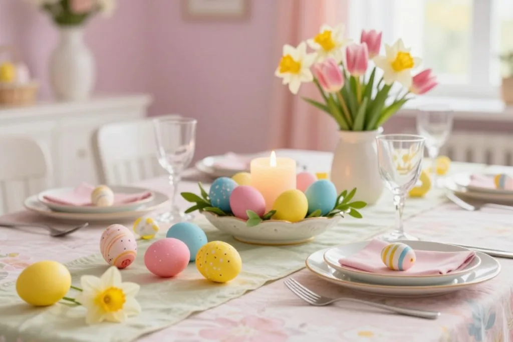 5 Osterdeko-Ideen für den Küchentisch, die du sofort umsetzen kannst Osterdeko für den Küchentisch in Pastell mit Kerze, Eiern und Frühlingsblumen
