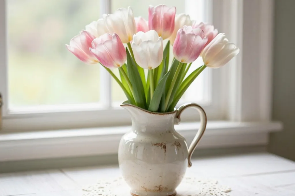 Tulpendeko fürs Wohnzimmer im Keramikkrug mit rosa und weißen Tulpen